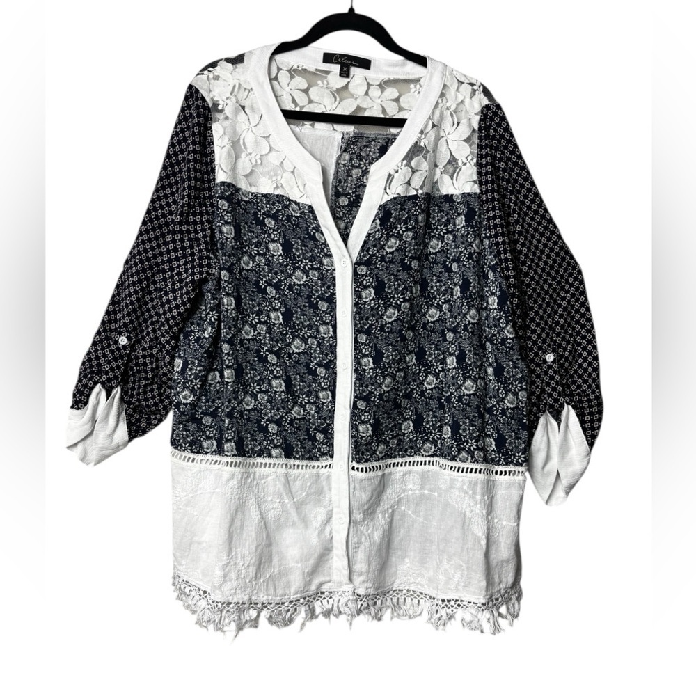 Calessa Plus Size 3X Art to Wear Abstract Mix Material Pieced Knit Tunic Top